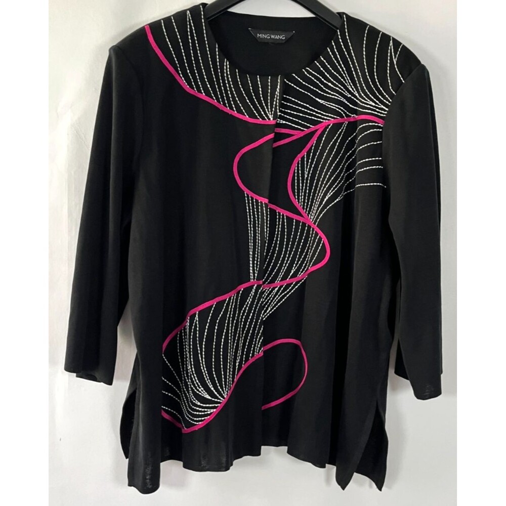 Ming Wang Cardigan‎ Size 2X Pink Black Funky Artsy Abstract Colorful Office Work